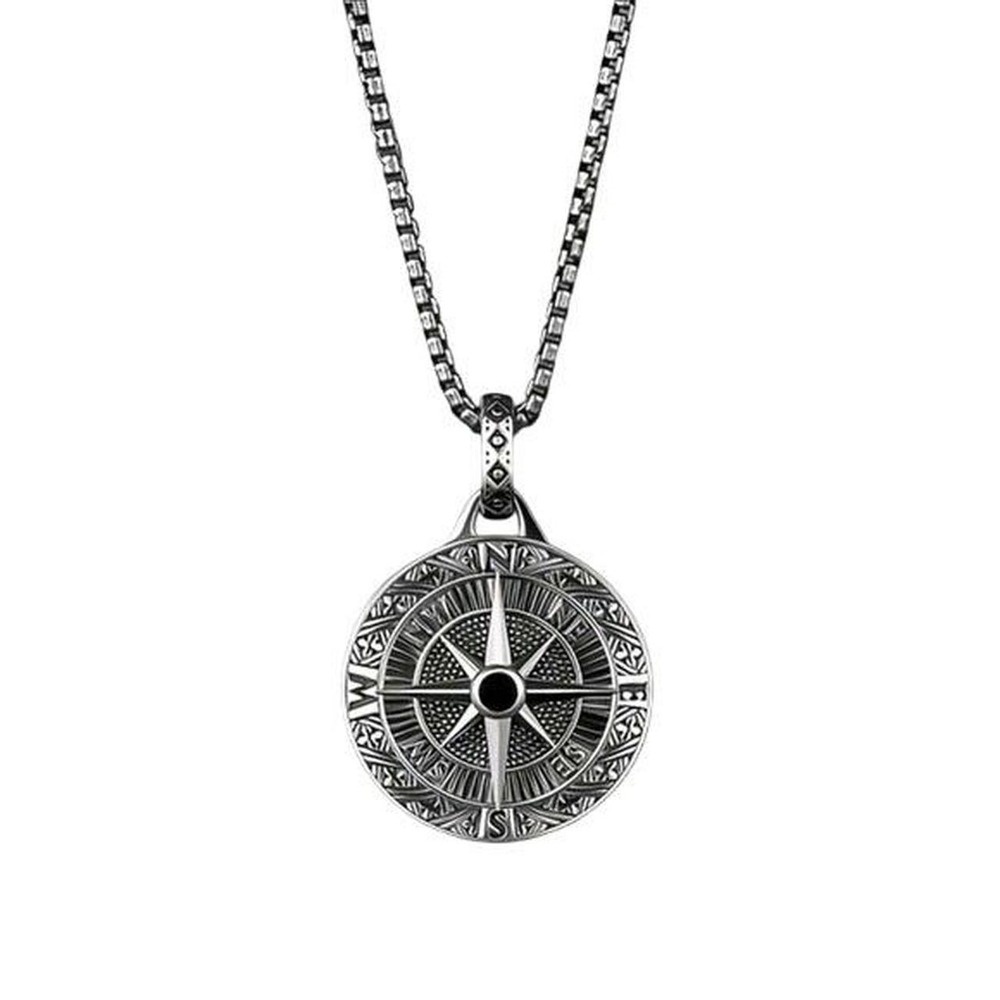 Mens Stainless Steel Compass Pendant Necklace 24 Inch Chain